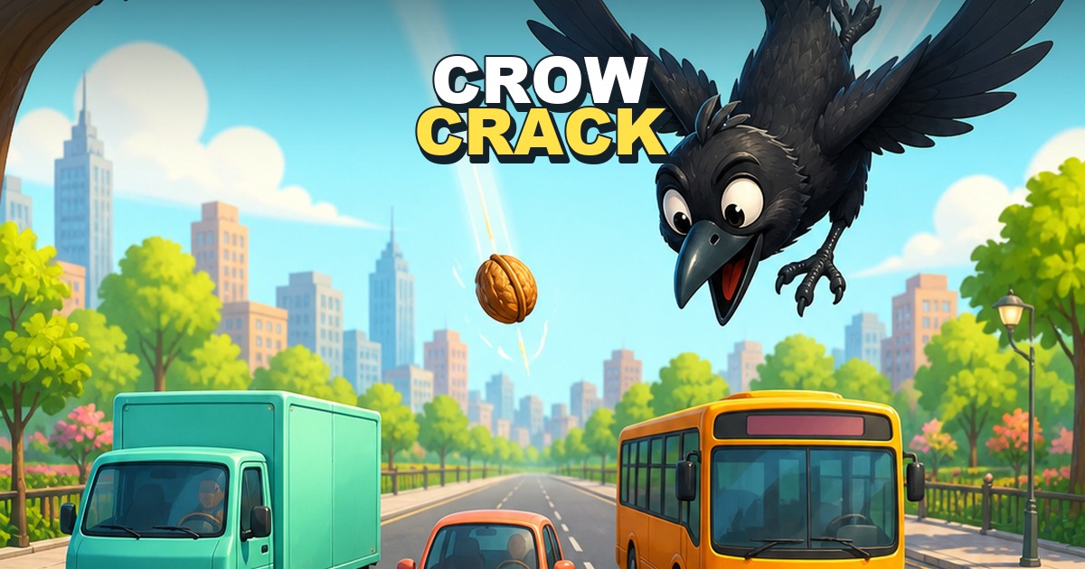 Two crows, a walnut, cars, trucks, and a bus in the Crow Crack traffic game