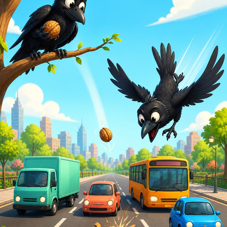 Two crows dropping and retrieving a walnut over traffic